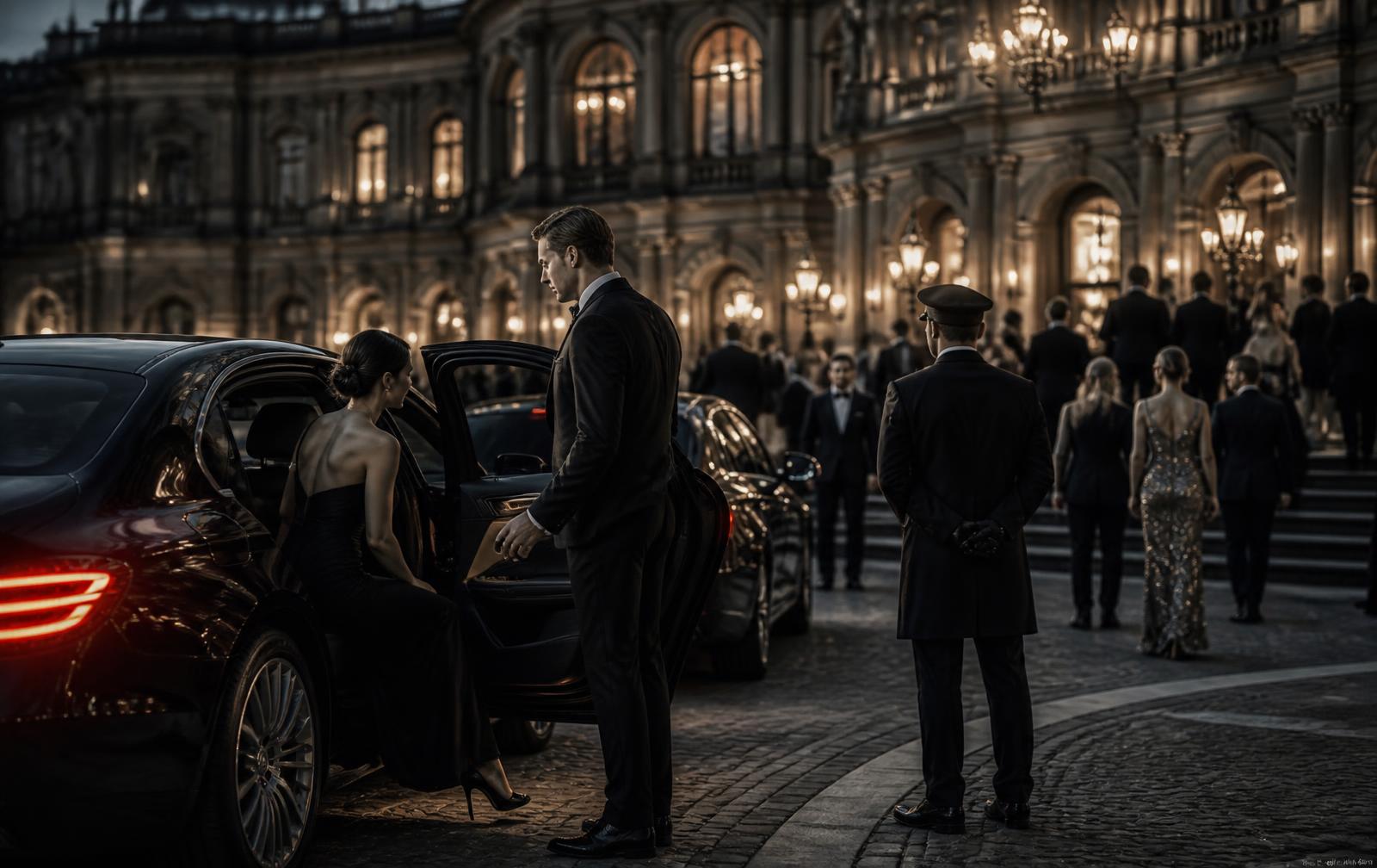 Arrivée d'invités élégants lors d'un événement accompagné par ONYX Signature
