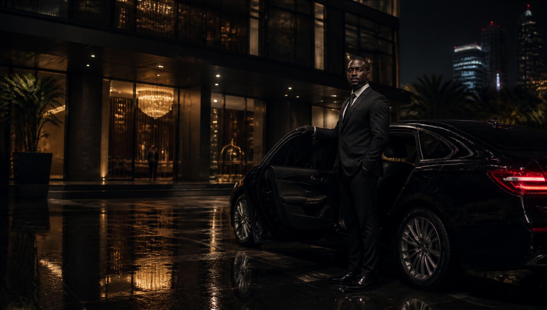 Chauffeur professionnel ONYX Signature devant une berline premium à l'entrée d'un hôtel à Yaoundé